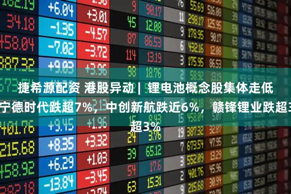 捷希源配资 港股异动 |  锂电池概念股集体走低，宁德时代跌超7%，中创新航跌近6%，赣锋锂业跌超3%